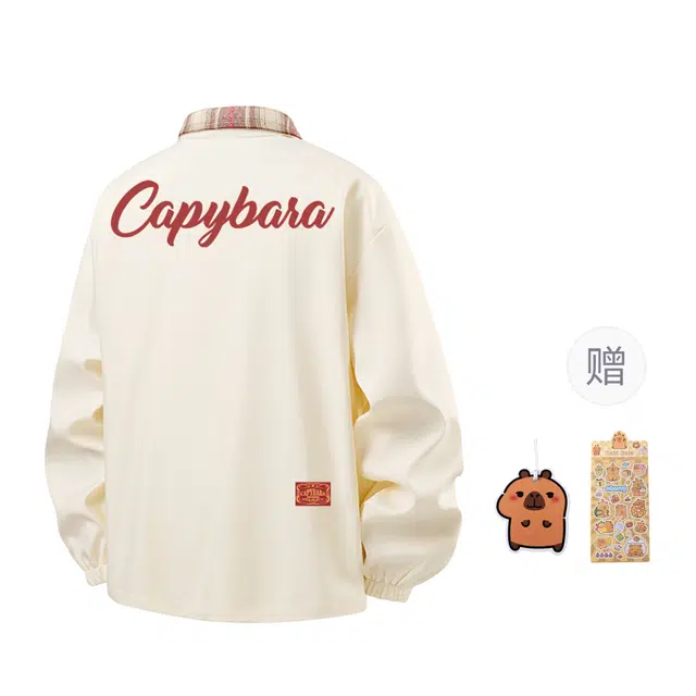 卡皮巴拉小黄豚 格子拼接翻领机能风山系户外性别主义飞行员背面字母印花登山露营时尚百搭防风防水宽松休闲拉链软壳长袖夹克外套 男女同款