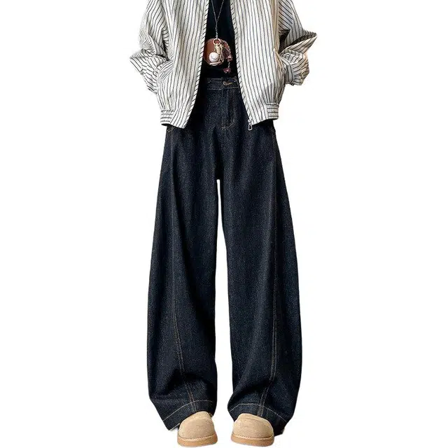 大格子与黑猫 春秋潮牌痞帅垂坠感阔腿裤宽松裤牛仔裤 男款