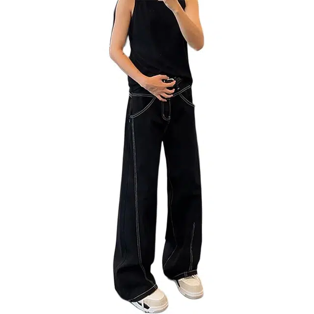 单爵 明线微喇裤男夏季斜切裤子美式高街痞帅牛仔裤 男女同款