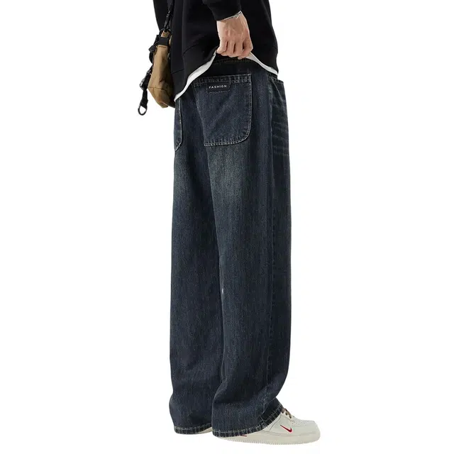 顶峰保罗 美式潮牌阔腿无性别主义直筒休闲复古高街水洗做旧运动长裤弹力显高显瘦宽松大码简约百搭加绒加厚垂感牛仔裤 男女同款