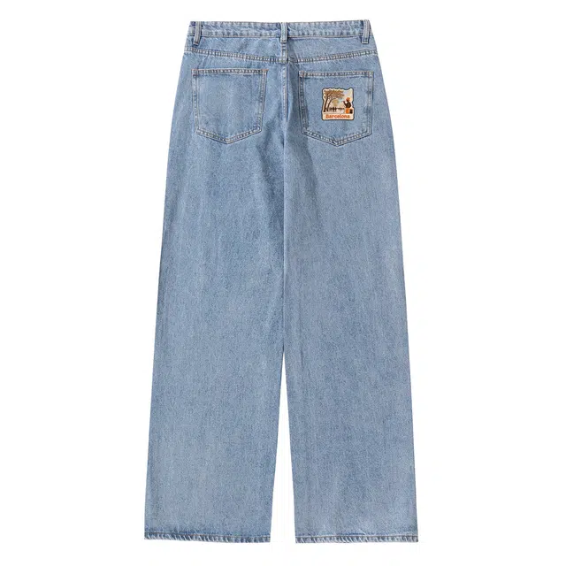 巴塞罗那足球俱乐部 美式高街潮牌简约字母印花长裤百搭宽松直筒舒适通勤水洗复古休闲牛仔裤 男女同款