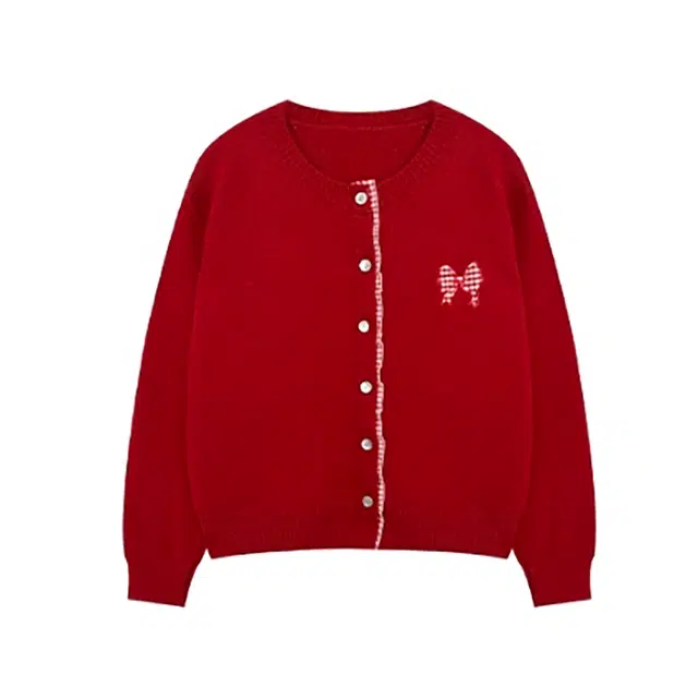 敲模女孩 学院风圆领单排扣拼色蝴蝶结长袖针织衫 女款