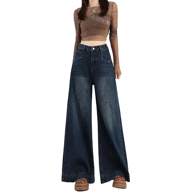 如续 复古阔腿早秋高腰百搭不贴腿显瘦显腿长拖地裤牛仔裤 女款