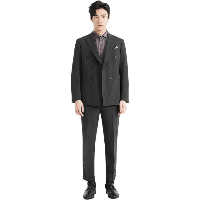 利郎 复古双排扣戗驳领条纹上衣时尚都市秋季长裤西装套装 男款