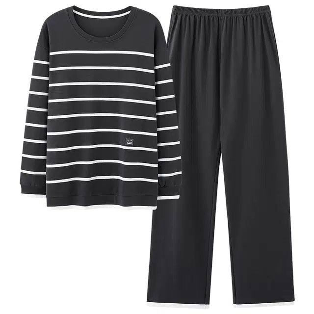 俏霓桐 春秋款经典时尚条纹纯棉亲肤简约休闲宽松舒适长袖长裤家居服可外穿睡衣套装 男款