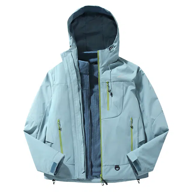 赛琪 美式撞色登山徒步露营字母印花品牌简约连帽双层可拆卸三合一抓绒内胆户外防风防泼水防寒长袖绒感外套 男女同款