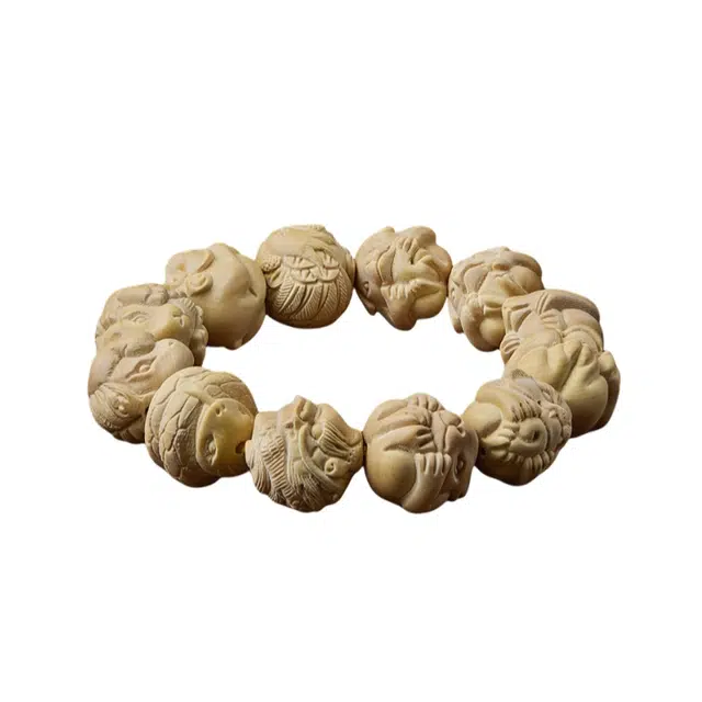 宣华意 国潮高端民族风复古 精雕刻 盘玩佛珠 本命年生肖 文玩手把件 平安纳福 招财转运 守护好运 黄杨木 手串 男女同款情侣款