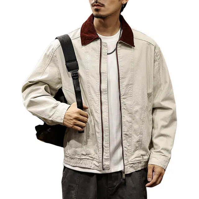 路杰邦 美式高端拼色翻领工装外套男士秋季时尚百搭宽松简约休闲潮流夹克 男款