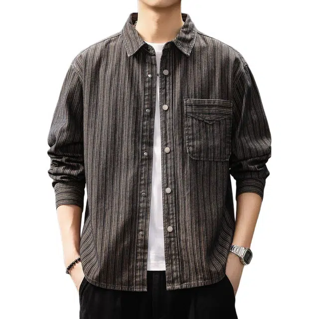贵色 美式重磅复古时尚潮流条纹长袖工装风潮牌拼接口袋设计休闲百搭衬衫 男女同款