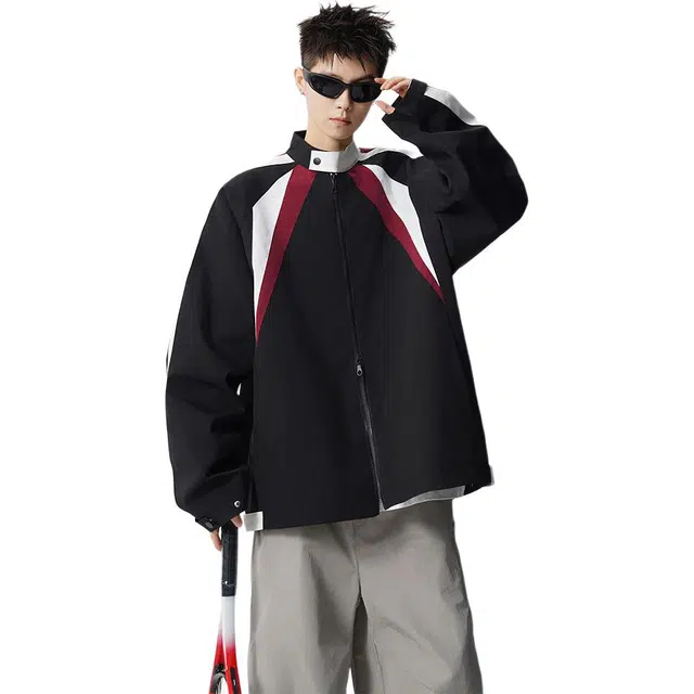 佐菲利 美式裁片拼接立领外套潮牌宽松高街痞帅拉链机车服夹克 男女同款