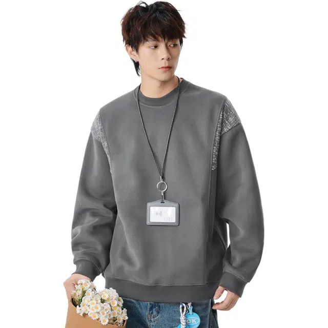 隐狼世家 春秋季圆领男宽松日系复古拼接套头打底衫情侣潮流百搭卫衣 男款