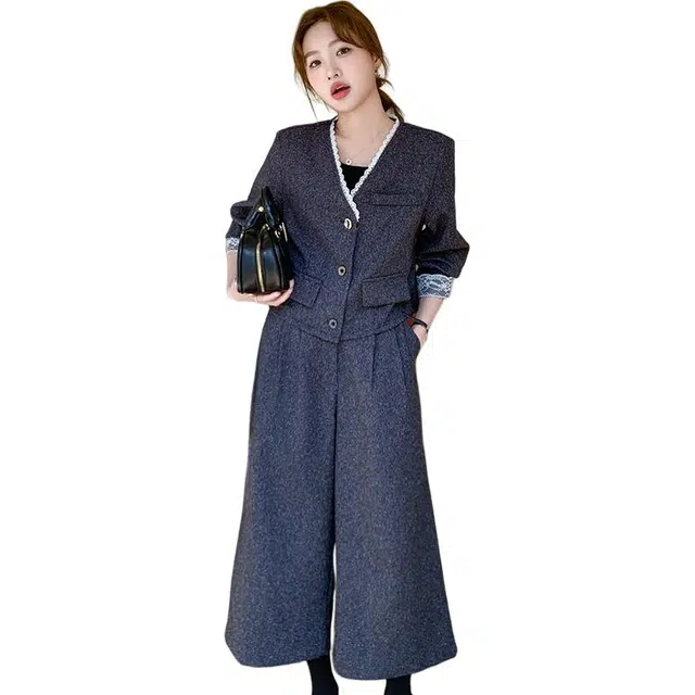 稻草人 假两件外套阔腿裤一套搭气质减龄韩系高级感独特设计撞色拼接休闲套装 女款