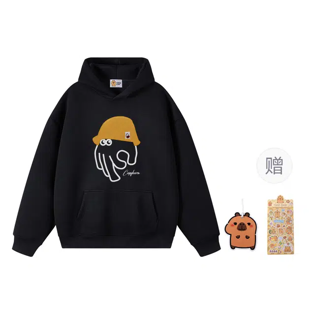 卡皮巴拉小黄豚 连帽上衣美式复古搞怪仿刺绣印花学院风无性别主义休闲少年感松弛感长袖日常通勤保暖舒适宽松百搭卫衣 男女同款
