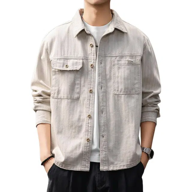 贵色 透气美式复古工装风水洗做旧长袖户外出行经典百搭拼接口袋设计休闲翻领上衣衬衫 男女同款