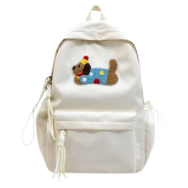 單倉 可爱腊肠狗卡通设计通勤百搭学院风背包初高中学生大容量轻便耐磨书包 尼龙 双肩包 常规 女款 白色/粉色/黄色/黑色