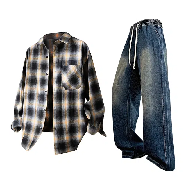 布客行 免搭配一套学院风高街渐变格子单排扣美式复古休闲宽松条纹多彩衬衣外套直筒抽绳松紧腰微喇基础柔软牛仔裤衬衫套装 男女同款