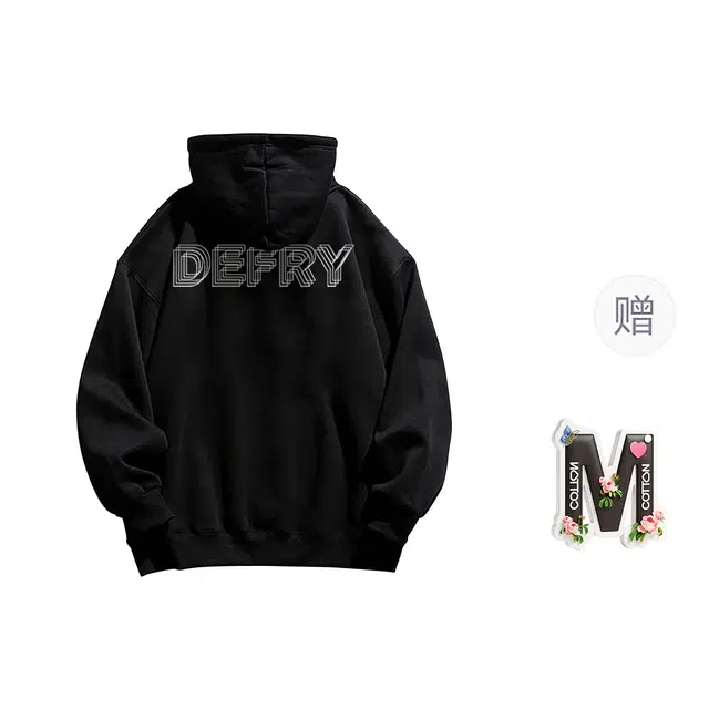 棉购 美式简约百搭字母印花上衣学生潮流时尚休闲宽松连帽绒衫加绒加厚秋冬卫衣 男女同款
