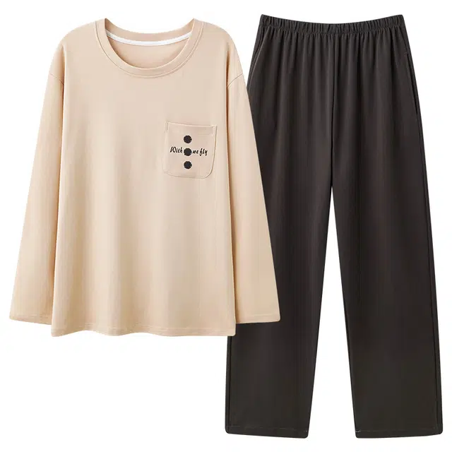 俏霓桐 春秋款简约纯棉亲肤休闲宽松百搭舒适长袖长裤家居服可外穿睡衣套装 男款