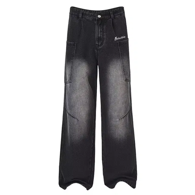 普鲁士多特蒙德 美式复古潮牌百搭宽松直筒长裤水洗做旧舒适通勤个性印花设计休闲牛仔裤 男女同款