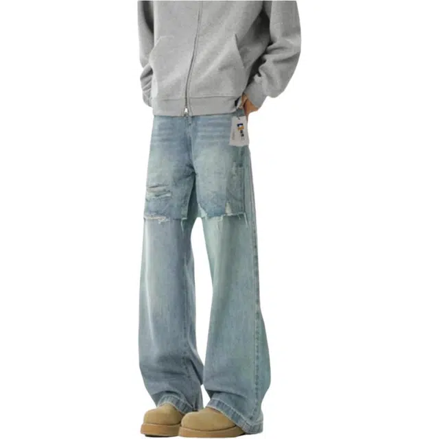 地界二 复古假两件拼接直筒水洗设计感小众破洞美式做旧长裤潮牛仔裤 男款