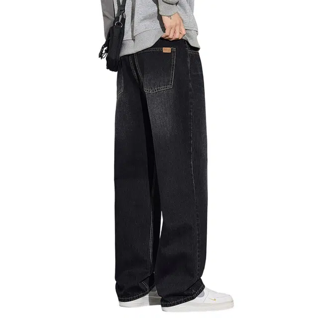 顶峰保罗 美式潮牌直筒阔腿无性别主义休闲复古高街水洗做旧运动长裤弹力显高显瘦宽松大码简约百搭加绒加厚垂感牛仔裤 男女同款