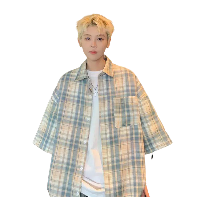 地界二 日系慵懒风短袖夏季薄款衬衣潮牌大码宽松半袖外套拼接格子短袖衬衫 男款
