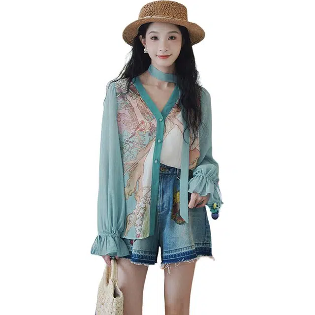 两三事 蓝调梦境 森女风宽松布薄款长袖衬衫 女款