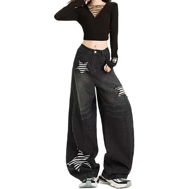 如续 美式复古可拆卸弯刀高街设计感宽松垂感阔腿休闲裤子牛仔裤 女款