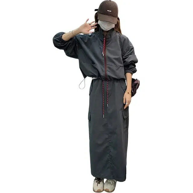 稻草人 韩系慵懒休闲夹克外套半身裙两件套裙装套装 女款