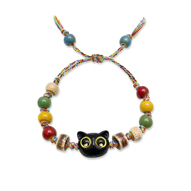 【Lucky幸运大眼猫咪】 攸委 可爱高级感彩色编织绳小猫可调节 复古新中式小众设计感 百搭学生一对简约饰品 柴木 手串 男女同款情侣款