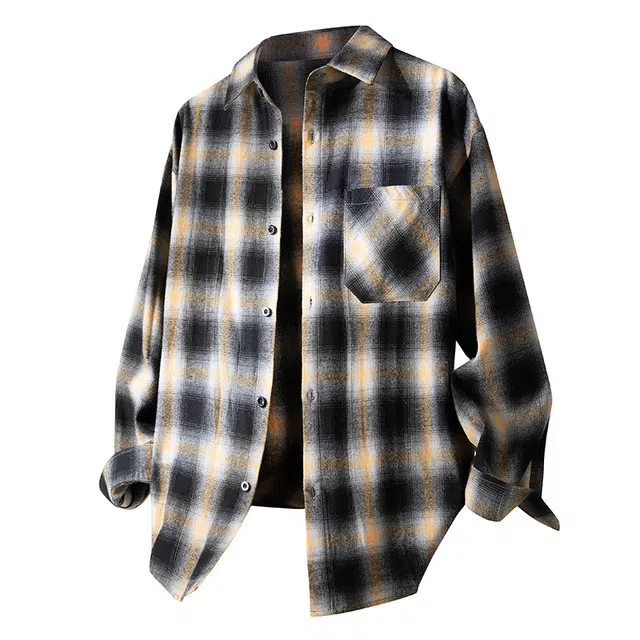 布客行 免搭配一套学院风高街渐变格子单排扣美式复古休闲宽松条纹多彩衬衣外套直筒抽绳松紧腰微喇基础柔软牛仔裤衬衫套装 男女同款