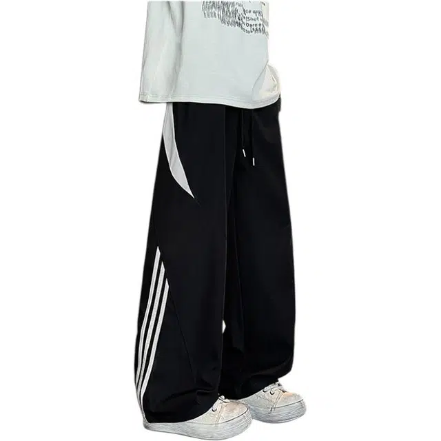 华夏儿女 条纹撞色拼接运动裤子大码直筒宽松长裤休闲裤 男女同款