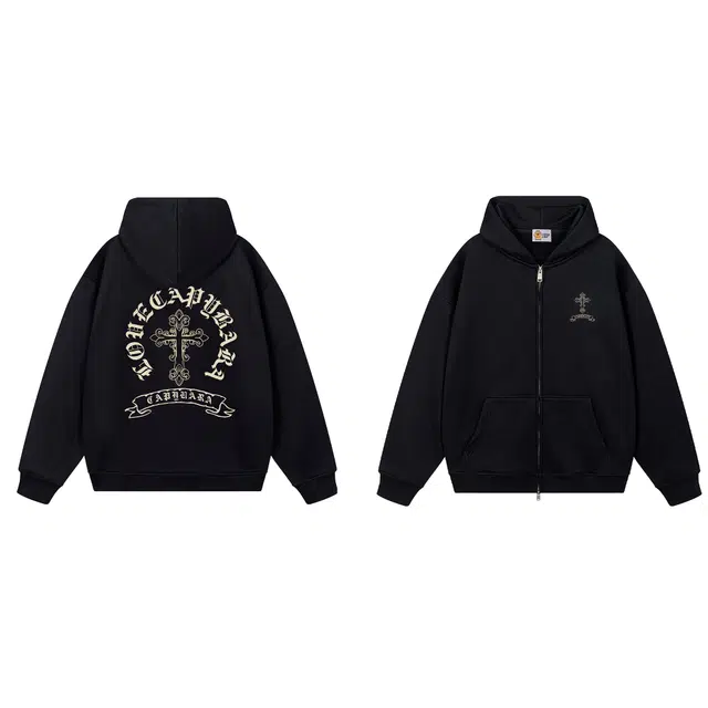 卡皮巴拉小黄豚 潮牌美式高街十字架印花重磅连帽外套双拉链设计运动通勤宽松休闲百搭舒适学院风简约学生经典情侣款卫衣 男女同款