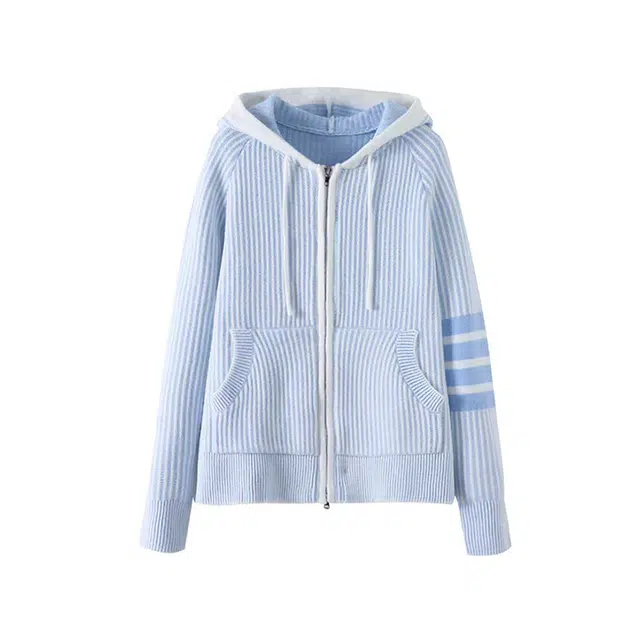 敲模女孩 学院风甜妹茶系穿搭宽松连帽条纹针织衫 女款