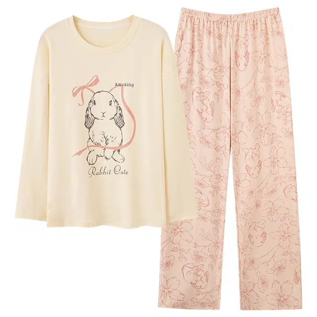 俏韵 圆领卡通春秋季仿棉长袖长裤简约印花休闲甜美薄款舒适家居服可外穿睡衣套装 女款