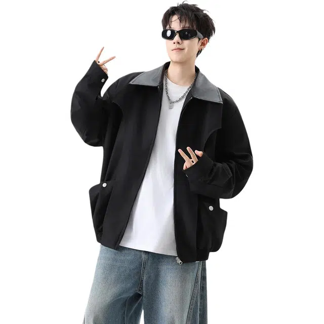 北极绒 日系复古高级感拼接翻领短款潮牌宽松夹克 男款