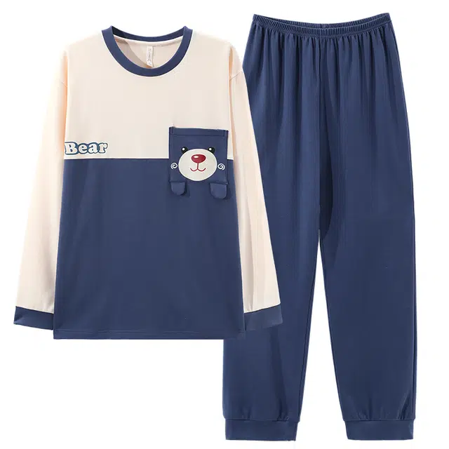 俏霓桐 可爱卡通纯棉亲肤撞色休闲睡衣套装 男款