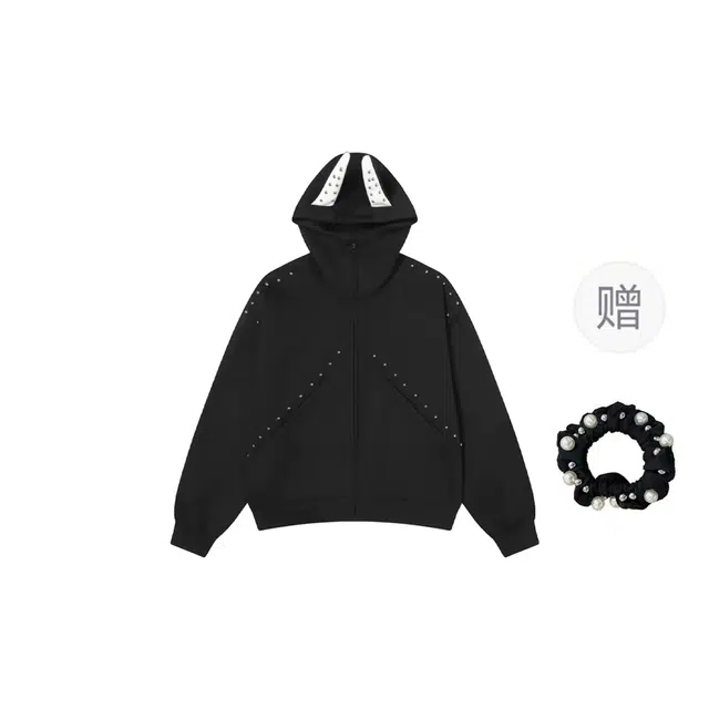 雾闪闪 铆钉拼接杜宾犬连帽秋季情侣休闲宽松复古设计感外套卫衣 女款