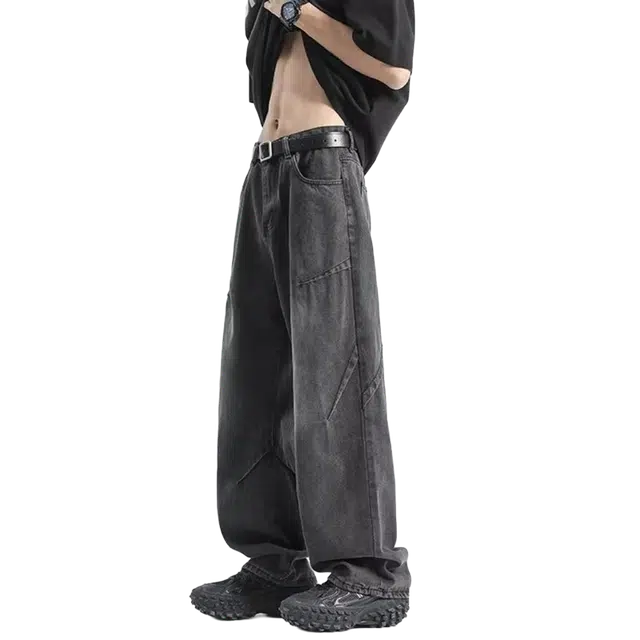 宝米卡 潮牌美式直筒休闲水洗复古宽松褶皱阔腿长裤子春秋款牛仔裤 男女同款