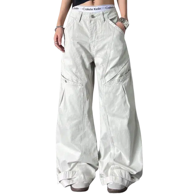 一碗士多 褶皱口袋拼接纯色潮流简约百搭日常休闲美式高街痞帅显高显瘦阔腿直筒裤松弛感通勤舒适牛仔裤 男女同款