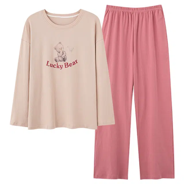 俏韵 圆领春秋季款仿棉长袖简约印花休闲甜美可爱薄款舒适家居服可外穿睡衣套装 女款