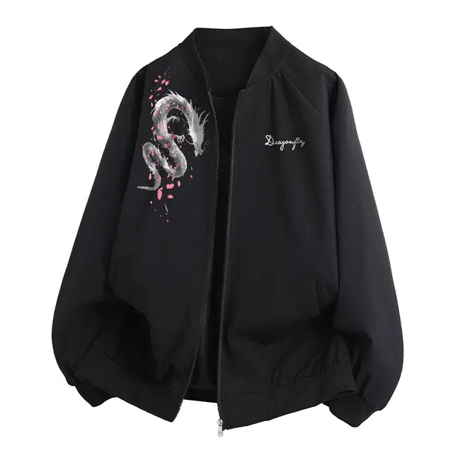 红蜻蜓 美式高街仿刺绣中国龙盘龙立体涂鸦数字字母印花宽松百搭舒适防风保暖休闲棒球服外套夹克 男女同款