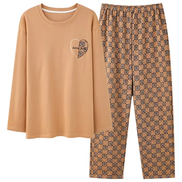 俏霓桐 春秋款可爱笑脸纯棉亲肤柔软潮流舒适简约休闲长袖长裤家居服可外穿睡衣套装 男款