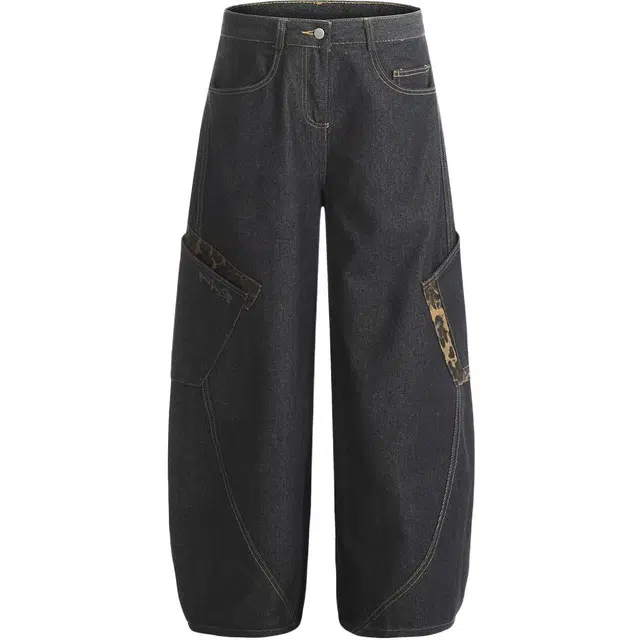 木清清 美式高街豹纹拼接大口袋宽松阔腿裤牛仔裤 女款