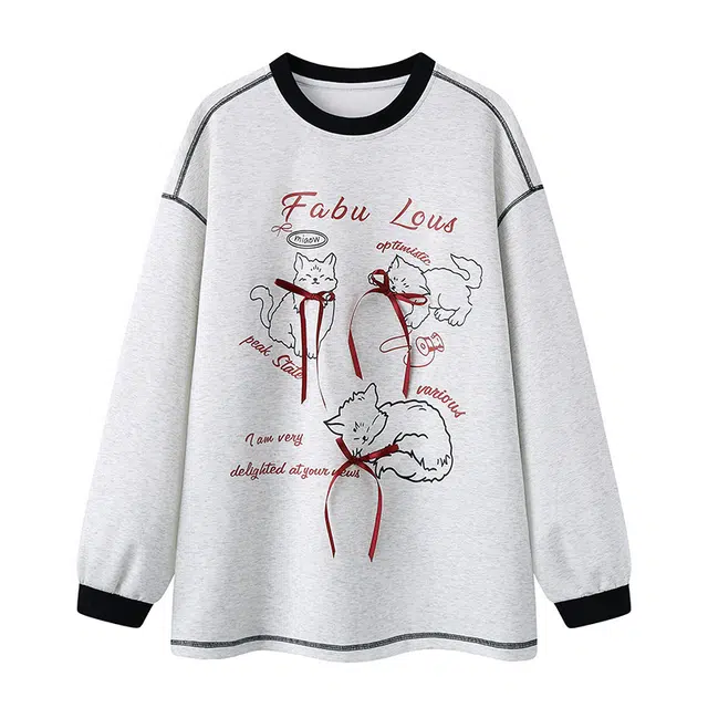 花蔓色 可爱风春秋季款线条小猫蝴蝶结卡通休闲长袖圆领套头宽松舒适百搭慵懒卫衣 女款