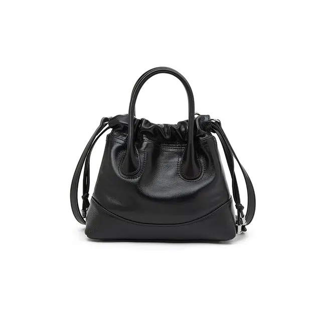 老人头 小香风通勤时尚高级质感气质个性 牛皮拼合成革 水桶包手提包 女款 黑色/白色/浅灰色