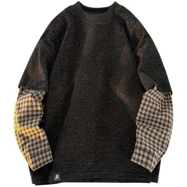 稻草人 美式复古大码假两件格纹撞色银丝斜纹满天星面料拼接设计高街圆领落肩套头秋季卫衣 男女同款