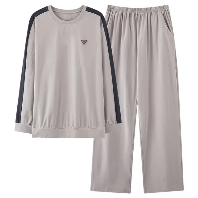 俏霓桐 春秋款简约撞色纯棉亲肤休闲百搭舒适圆领长袖长裤家居服可外穿睡衣套装 男款