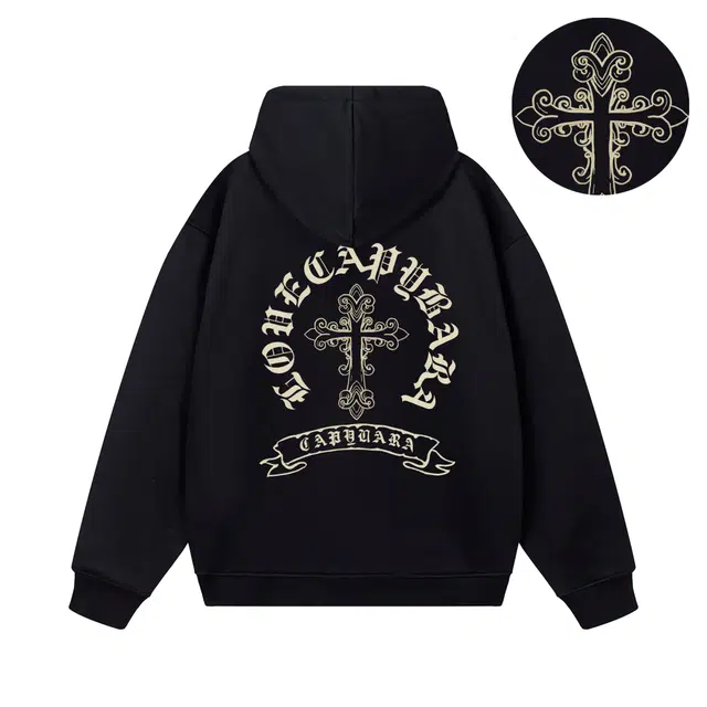 卡皮巴拉小黄豚 潮牌美式高街十字架印花重磅连帽外套双拉链设计运动通勤宽松休闲百搭舒适学院风简约学生经典情侣款卫衣 男女同款