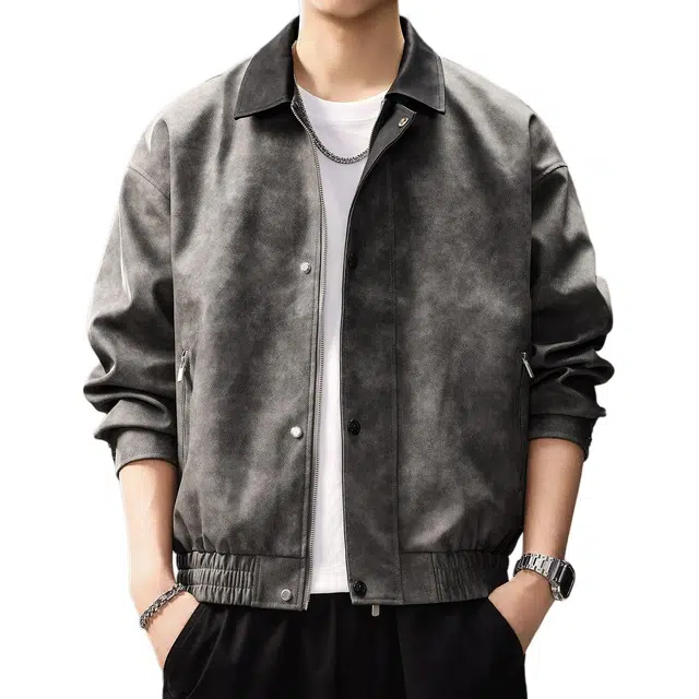 贵色 秋季 日系潮牌高街痞帅扎染休闲宽松工装长袖外套立体裁剪拉链挖袋创意设计百搭皮衣 男女同款